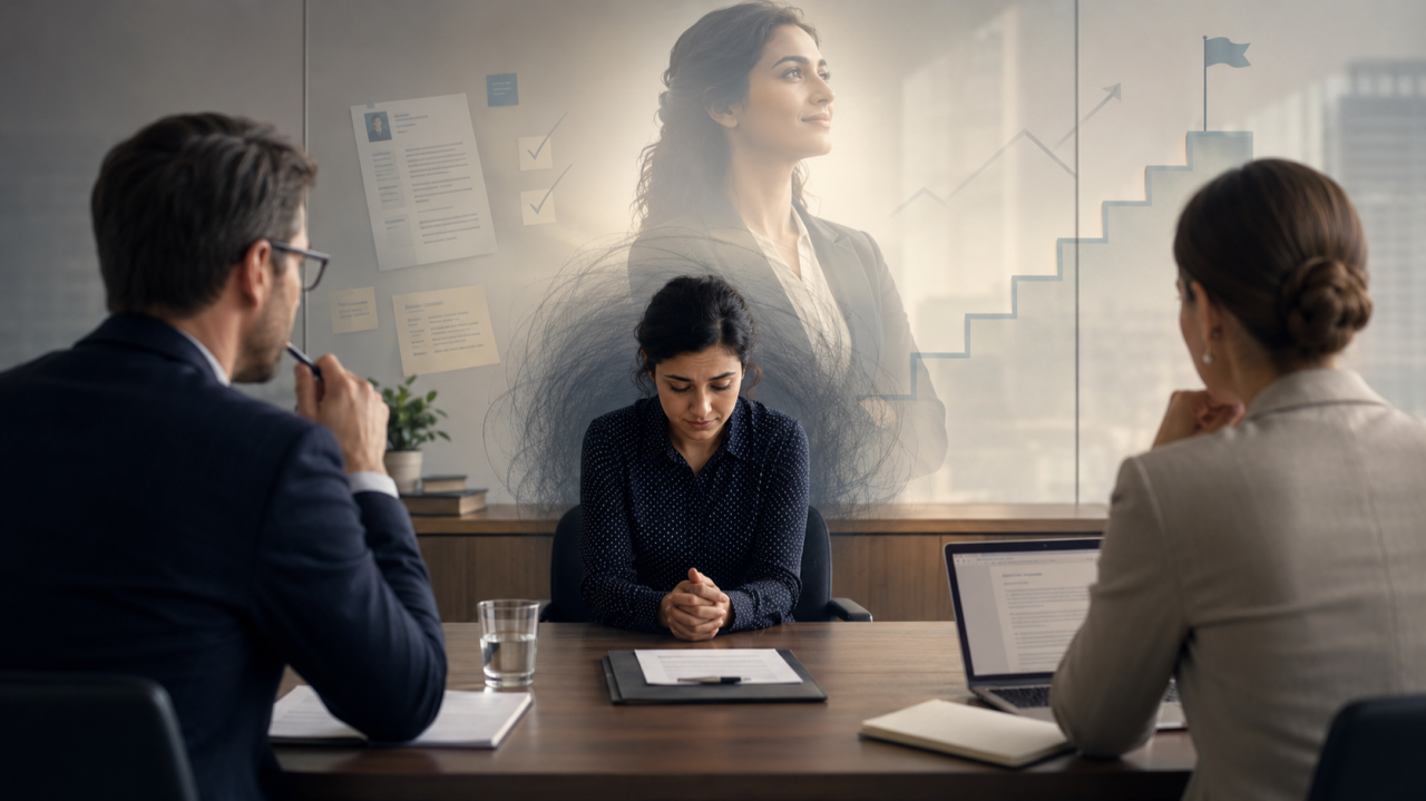 Banner do artigo Entrevista de Emprego: os Erros Invisíveis - Capítulo 1. A humildade que vira autossabotagem
